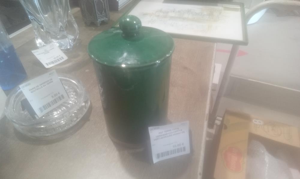 POT TERRE CUITE VERNISSE+COUVERCLE VERT+BORDURE ARGENTEE