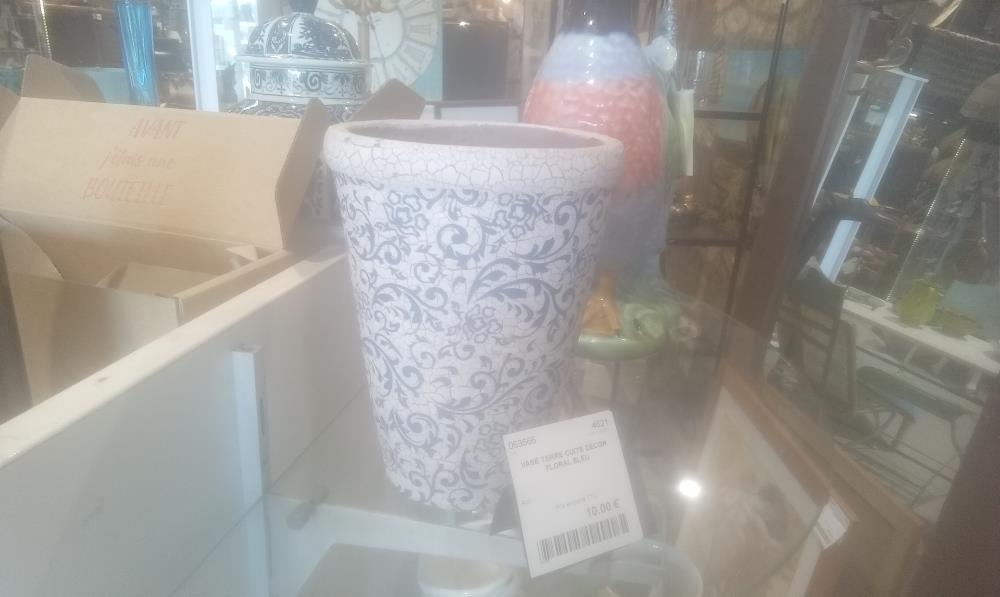VASE TERRE CUITE DECOR FLORAL BLEU