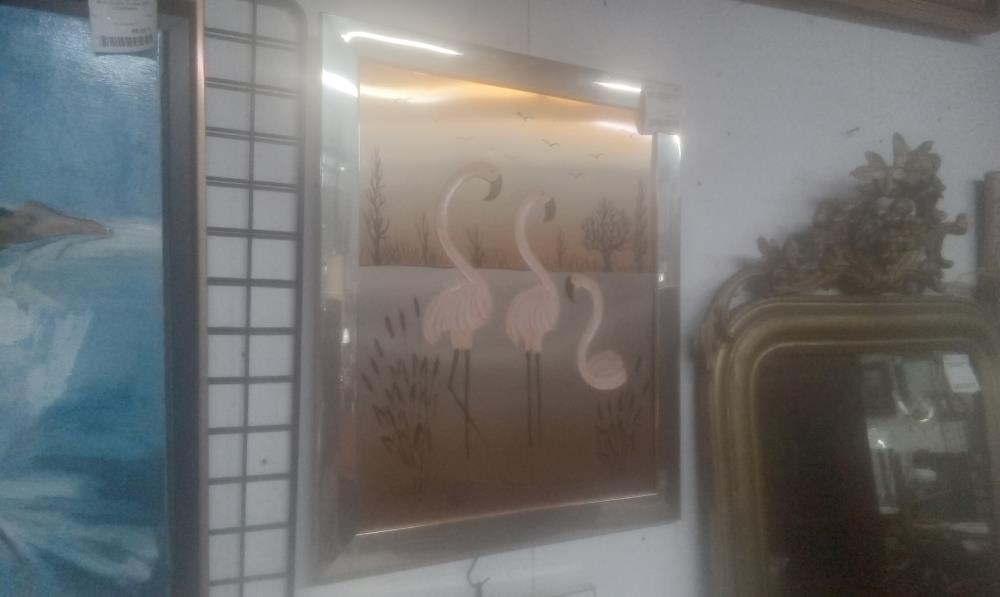 TABLEAU FLAMANTS ROSE SUR METAL SIGNE MURO CADRE ALU