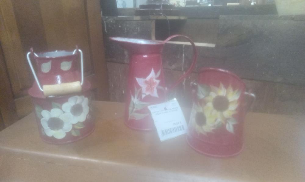 LOT DE 3 POTS METAL PEINTS DECOR FLORAL ET ROUGE