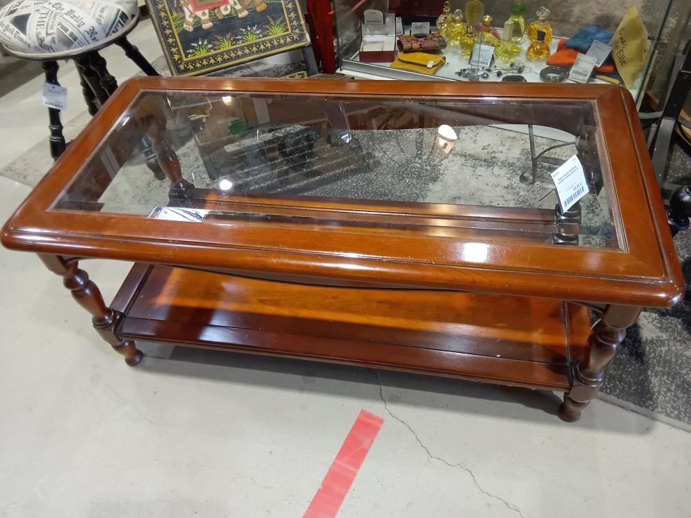 TABLE BASSE MERISIER MASSIF+VERRE BISEAUTE