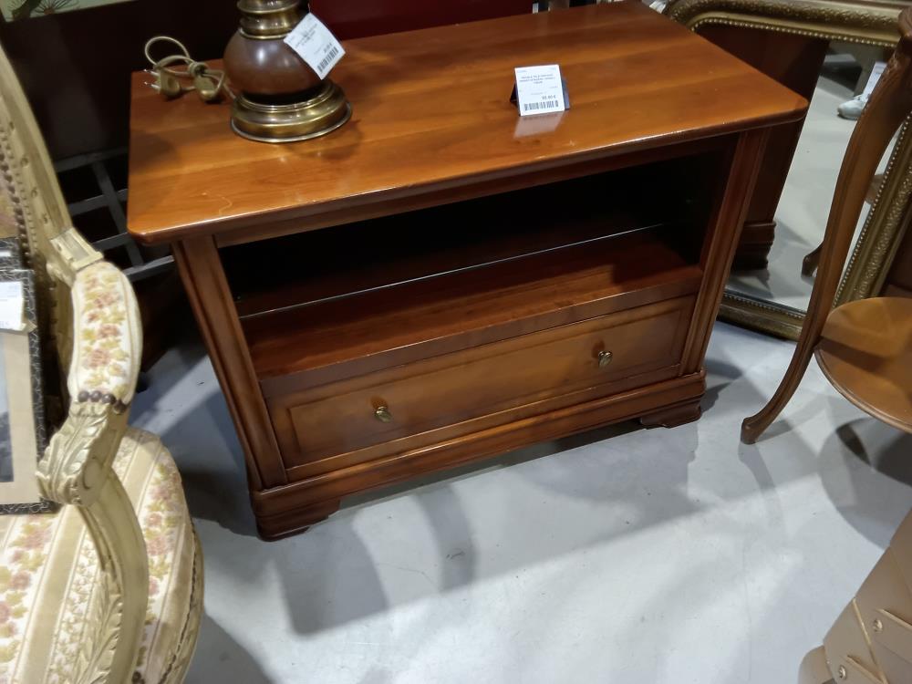 MEUBLE TELE MERISIER MASSIF+ETAGERE VERRE+1 TIROIR