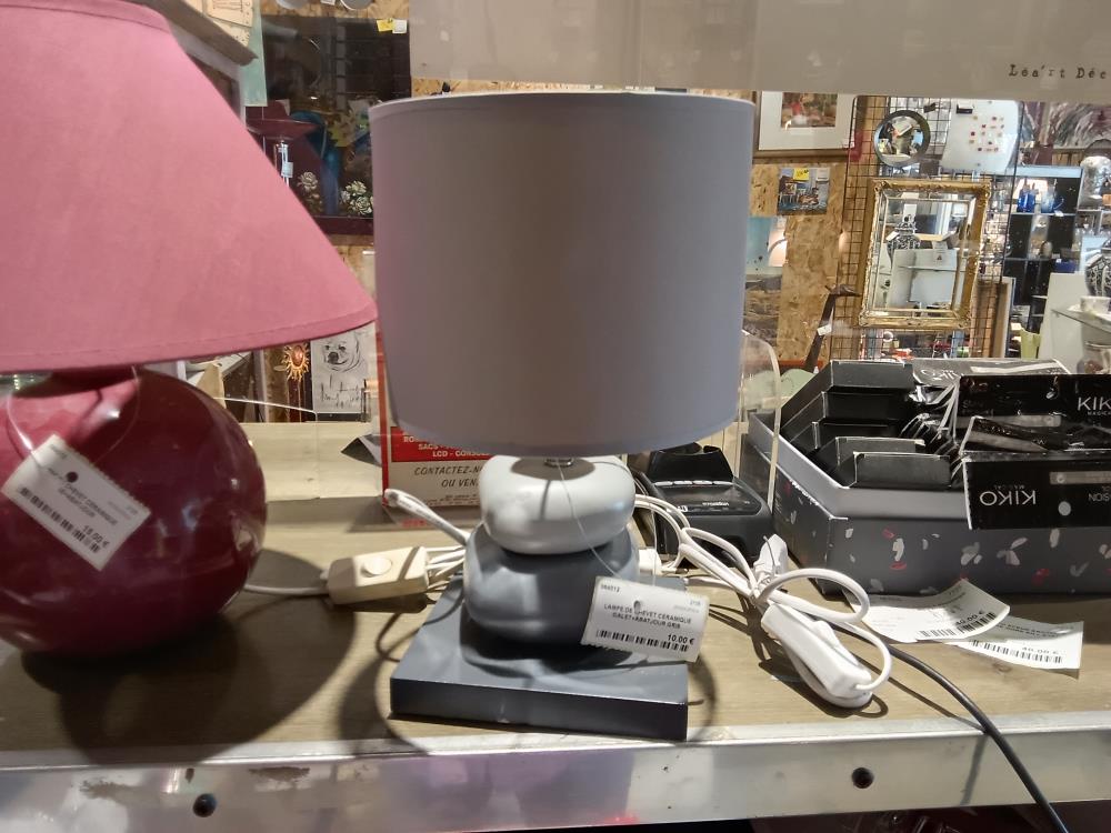 LAMPE DE CHEVET CERAMIQUE GALET+ABATJOUR GRIS