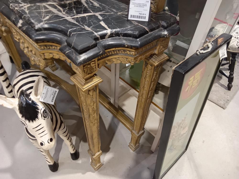 CONSOLE BOIS DORE EN L'ETAT+MARBRE +MIROIR STYLE LOUIS XVI
