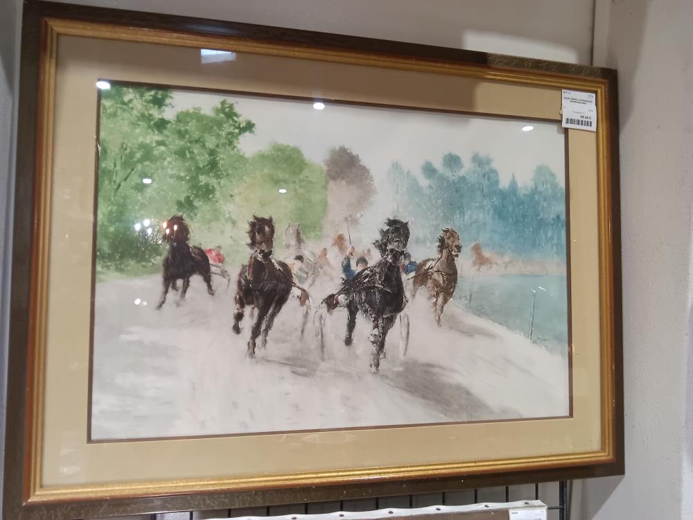 SOUS VERRE LITHOGRAPHIE SCENE EQUIDEE