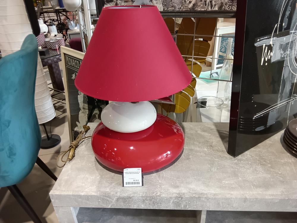 LAMPE CERAMIQUE GALET X2 2TONS+ABATJOUR ROUGE