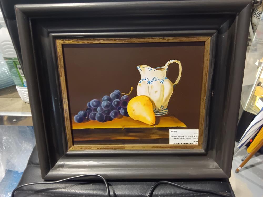 TABLEAU REPRO SCENE MORTE AUX FRUIT CADRE NOIR ET DORE