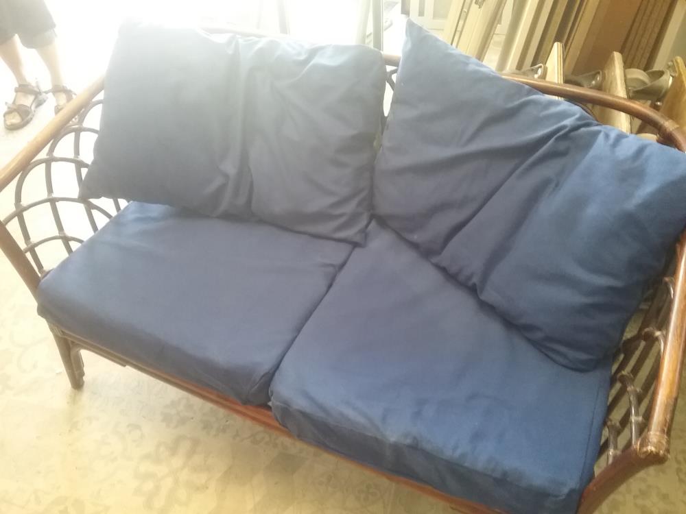 CANAPE ROTIN ET COUSSIN BLEU