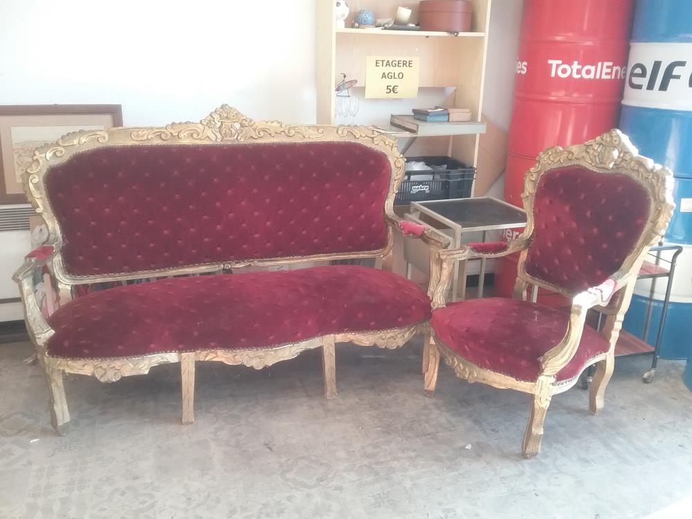 BANQUETTE ET FAUTEUIL BOIS DORE