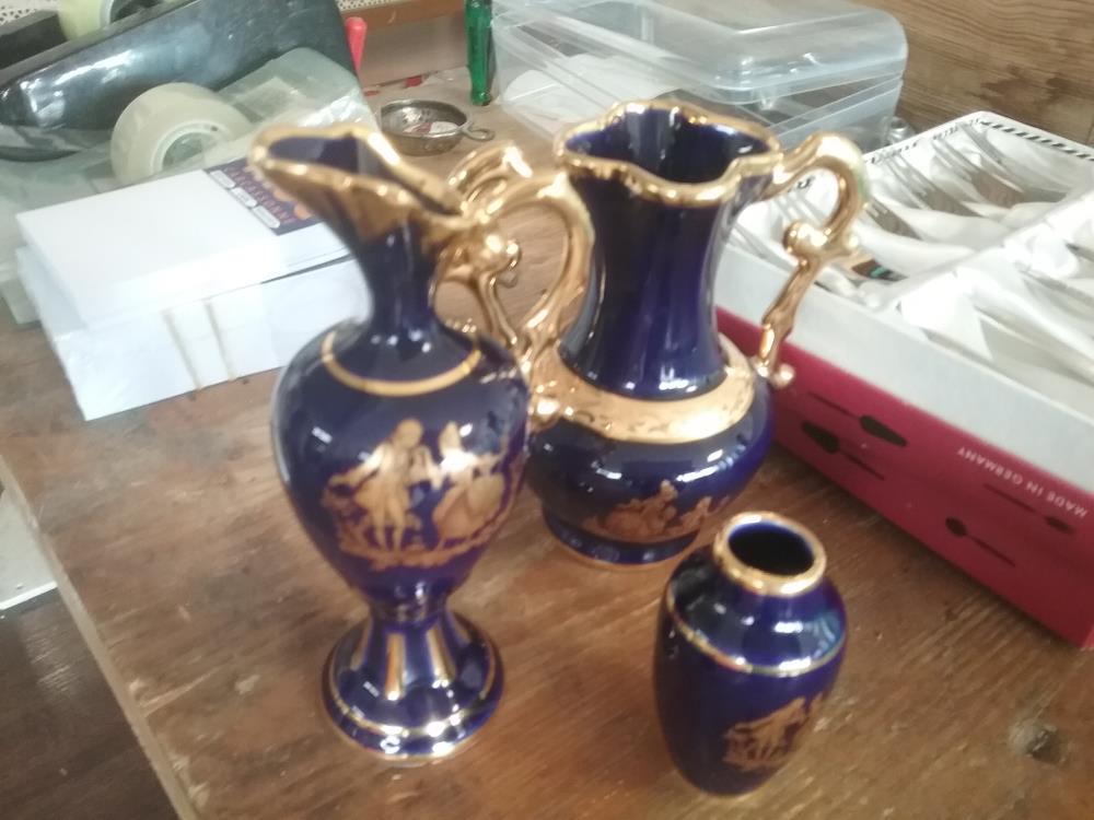 3 VASES LIMOGES EMAILLE BLEU