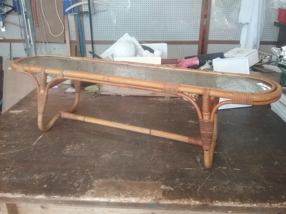 PETIT BANC TABLE ROTIN ET VERRE 