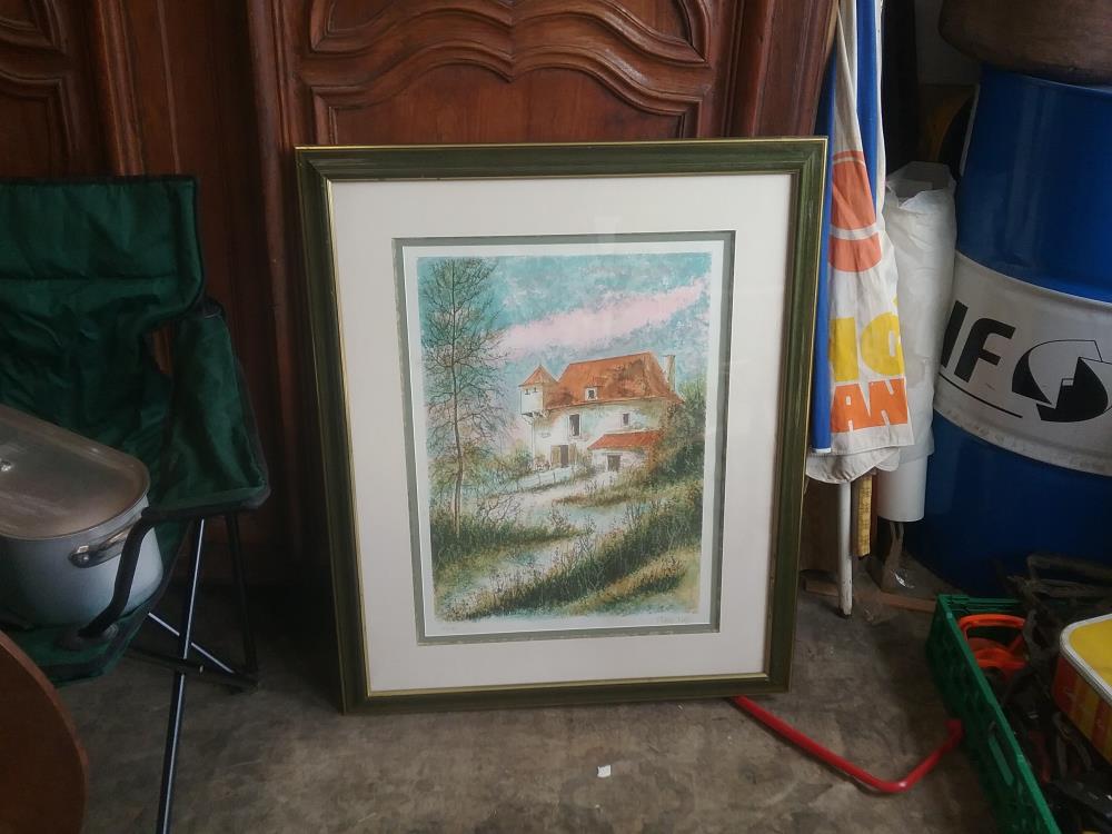 CADRE VERT LITHO SIGNE PIERRE MAS