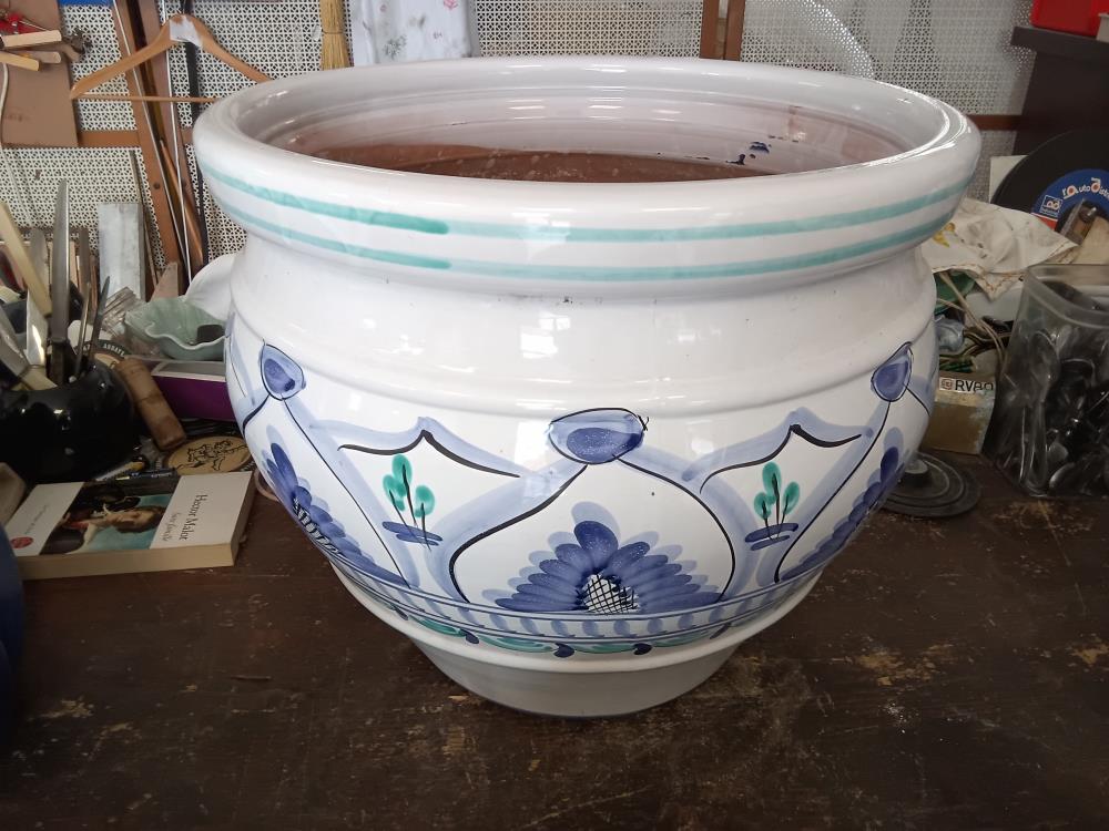 GRAND POT EMAILLE BLANC BLEU