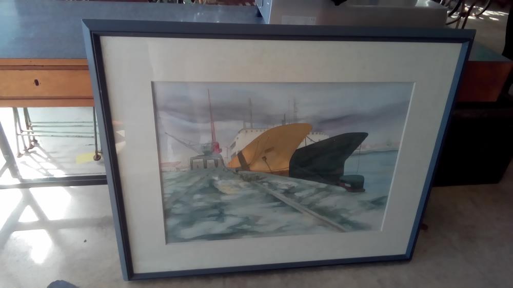 GRANDE AQUARELLE D'UN PORT SIGNÉE BOUCHER