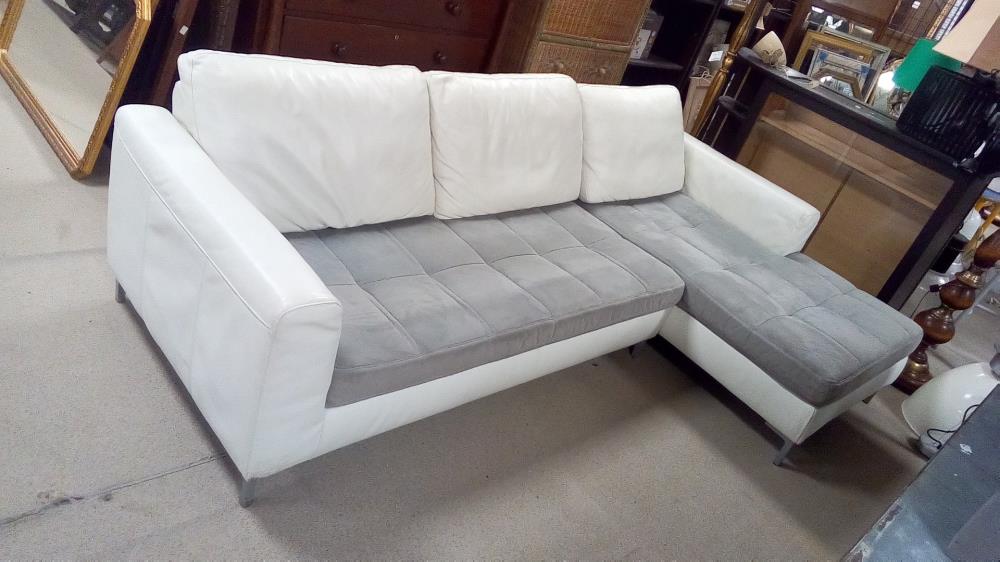 SALON D'ANGLE CUIR FIXE GRIS ET BLANC
