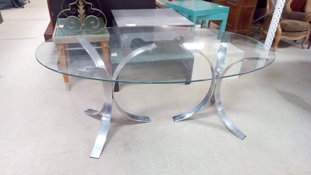 TABLE EN VERRE OVALE 6/8 COUVERTS DLG ROCHE-BOBOIS ANNÉES 70