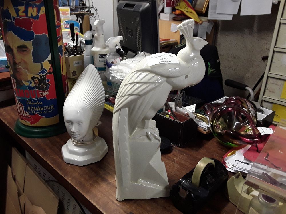 SCULPTURE PAON EN CERAMIQUE CRAQUELEE AVEC ACCIDENTS LEMANCEAU ART DECO