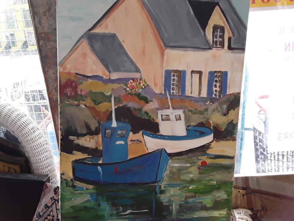 HUILE 2 BATEAUX PRES MAISON SIGNE FRAMENY