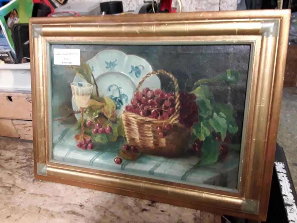 HUILE SUR TOILE NATURE MORTE AUX CERISES ET VERRE ANNEE 1927  CADRE DORE 