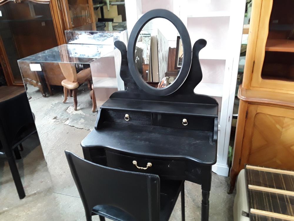 COIFFEUSE BOIS PATINE NOIRE MIROIR OVALE 3T