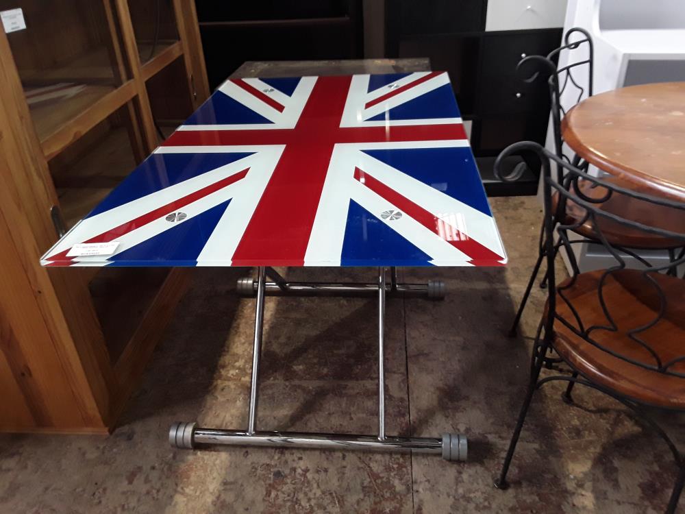 TABLE REHAUSSABLE 120X75 PLATEAU VERRE DRAPEAU ANGLAIS