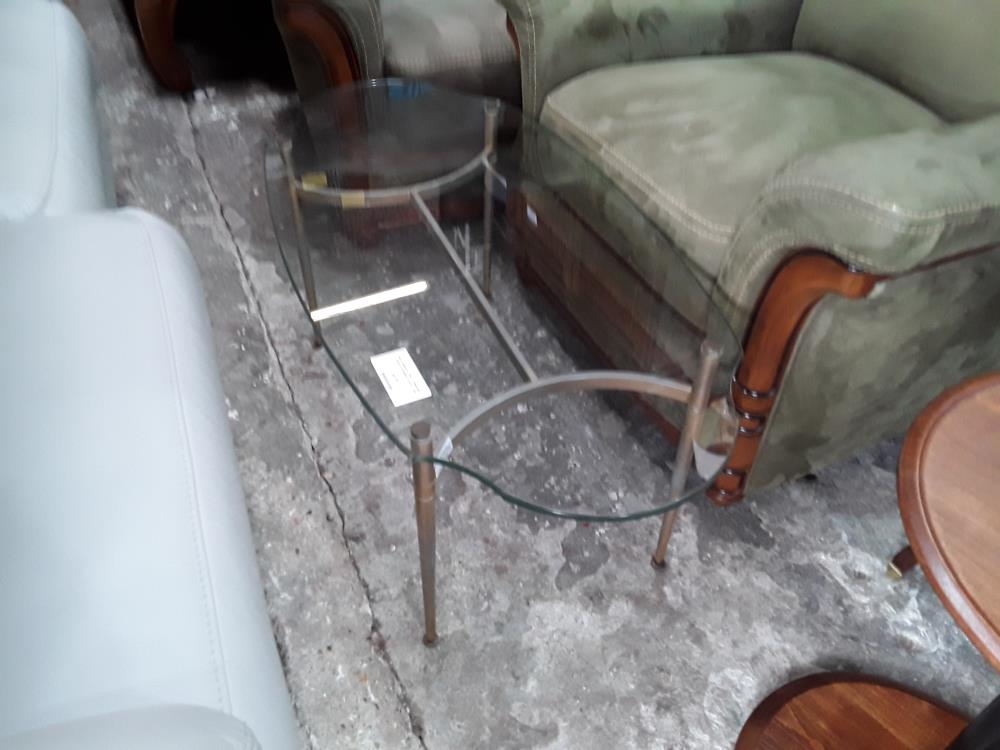 TABLE BASSE PLATEAU VERRE 95CM VINTAGE PIETEMENT METAL DORE
