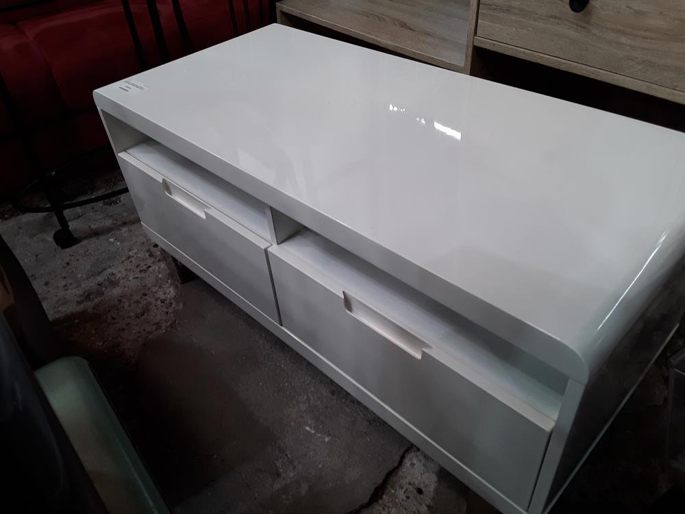 MEUBLE TV LAQUE BLANC 100X45 2T 2 NICHES PIEDS CHROME DESIGN ITALIEN