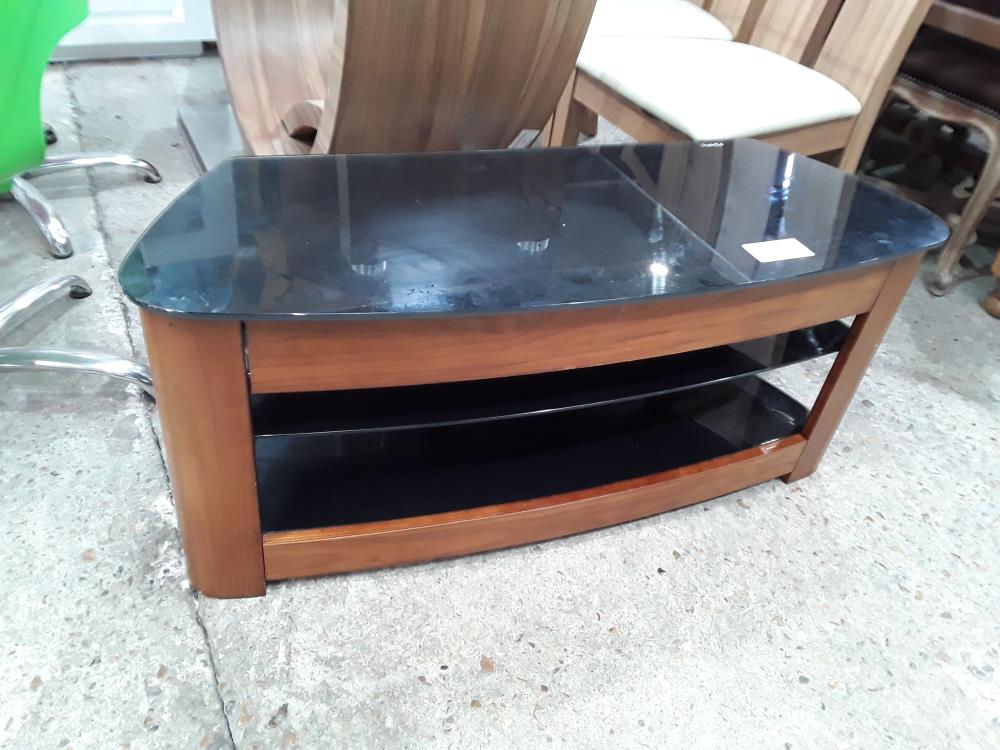 MEUBLE TV DECO BOIS PLATEAUX VERRE NOIR KAORKA