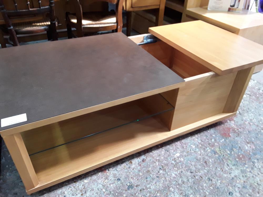 TABLE BASSE BAR 67X120 BOIS CLAIR ET PIERRE MARRON 1 TABLETTE VERRE