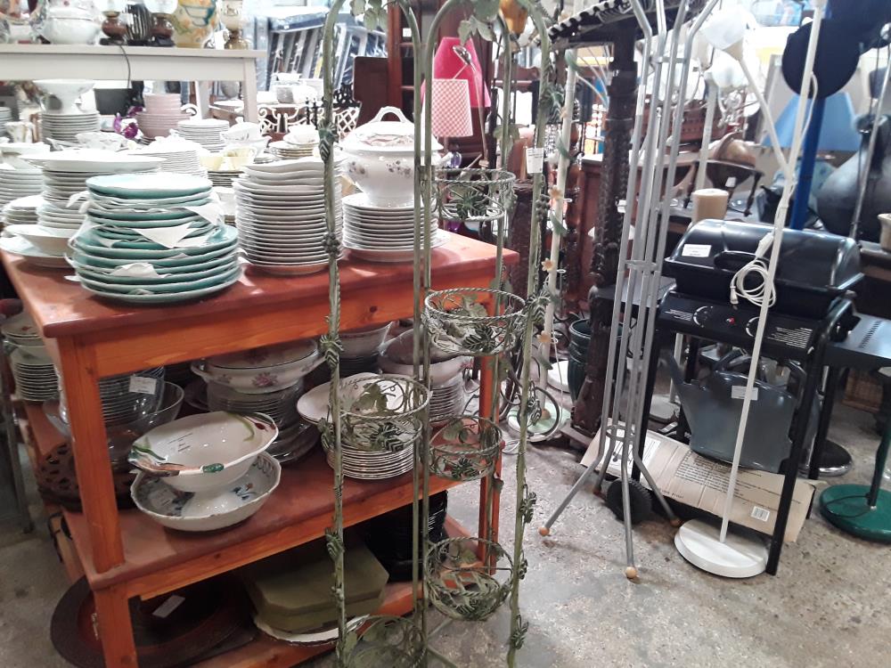 PORTE POT 6 POTS EN COLONNE PLIANT FER VERT DECOR FEUILLES