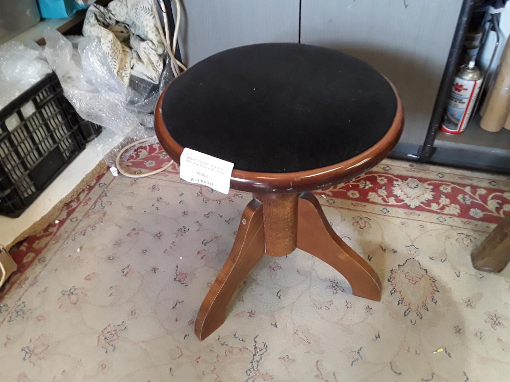 TABOURET DE PIANO TRIPODE BOIS ROND VELOURS NOIR  REGLABLE