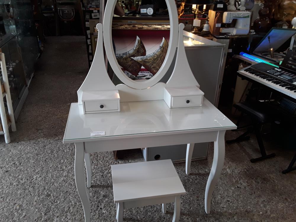 COIFFEUSE BLANCHE MIROIR OVALE 3T +PLATEAU VERRE+ TABOURET