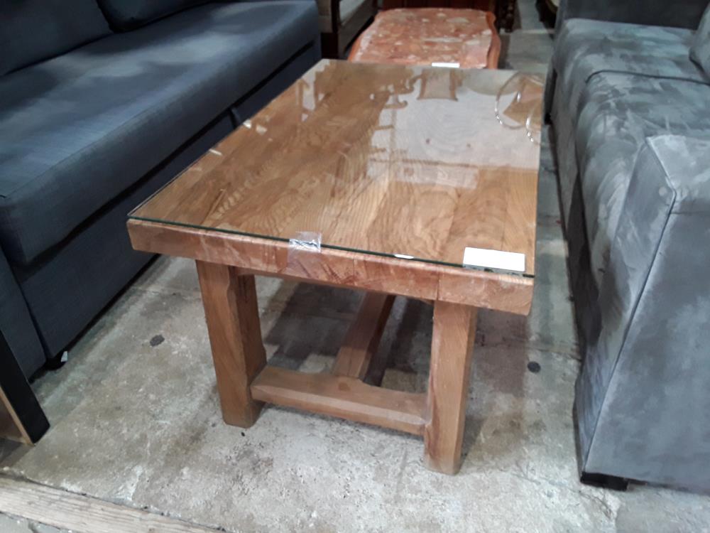 TABLE BASSE CHENE MASSIF 60X95 + PLATAU VERRE