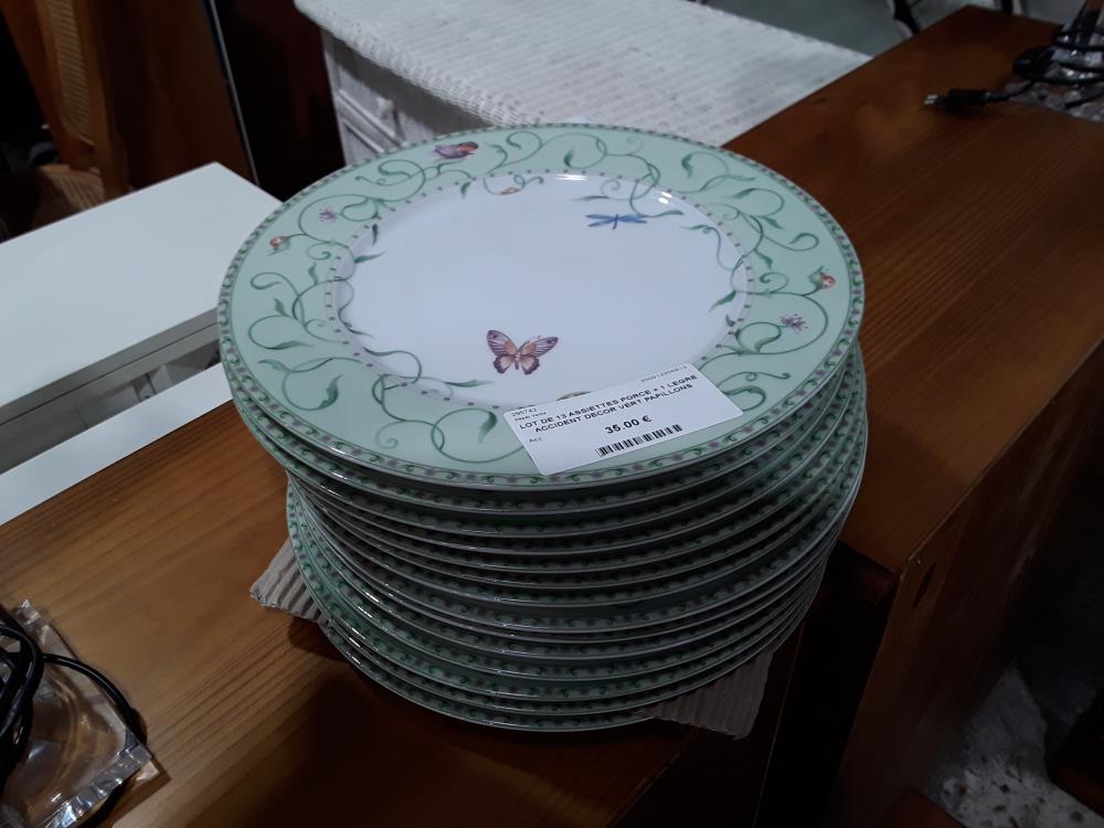 LOT DE 13 ASSIETTES PORCE + 1 LEGRE ACCIDENT DECOR VERT PAPILLONS