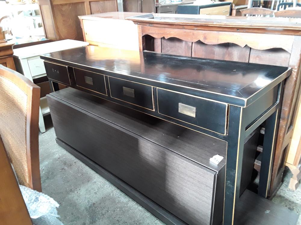 CONSOLE LAQUEE 4 TIROIRS POIGNEES BRONZE