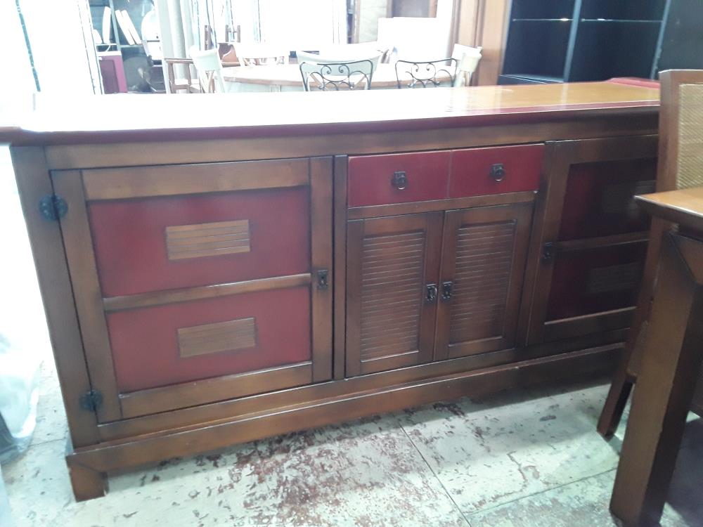 ENFILADE 196CM BOIS MERISIER ET LAQUE ROUGE 4P 1T