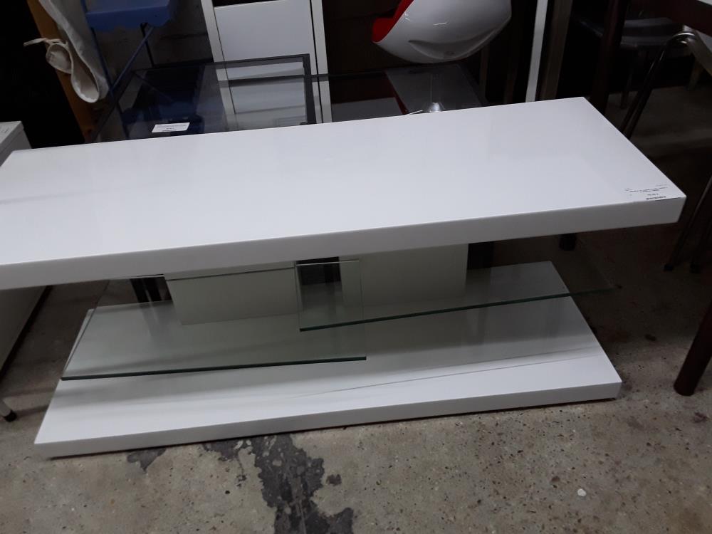 MEUBLE TV LAQUE BLANC 120CM 2 PLATEAUX VERRE