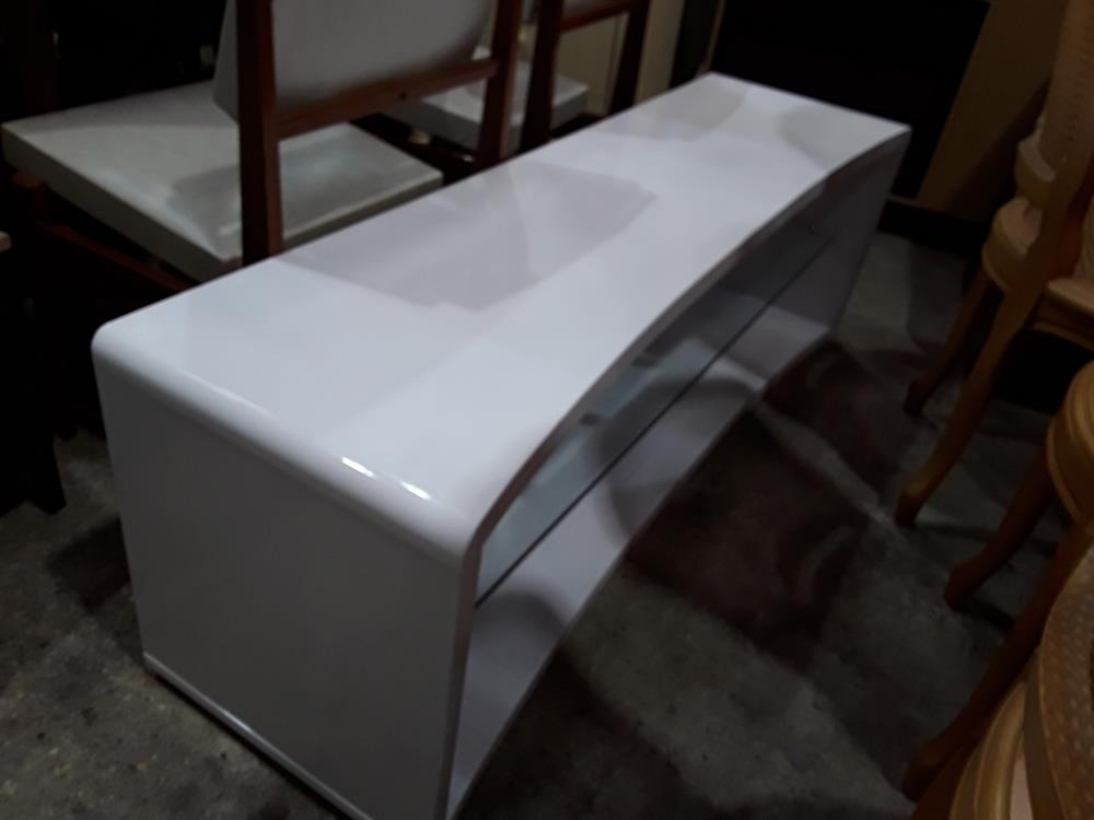 MEUBLE TV BLANC DESIGN  LAQUE ARRONDIS ETAGERE  VERRE