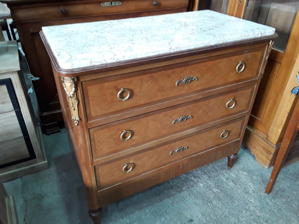 COMODE 3T PLACAGE PLATEAU MARBRE BEIGE POIGNEE ANNEAUX LAITON