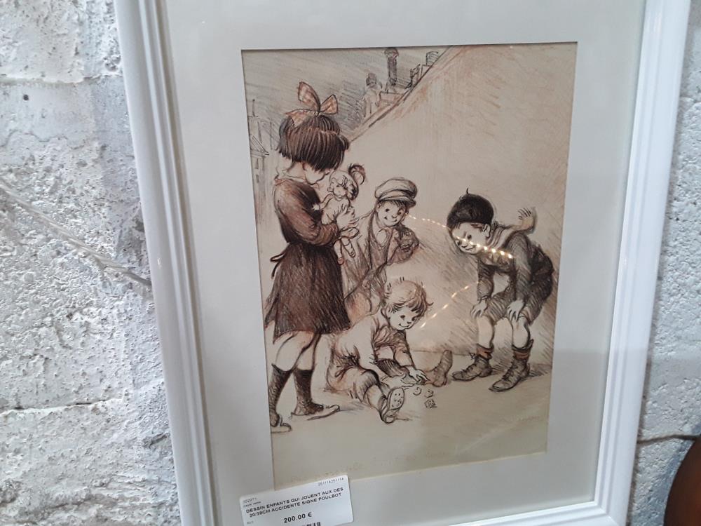 REPRO DESSIN ENFANTS QUI JOUENT AUX DES  20/39CM ACCIDENTE SIGNE POULBOT