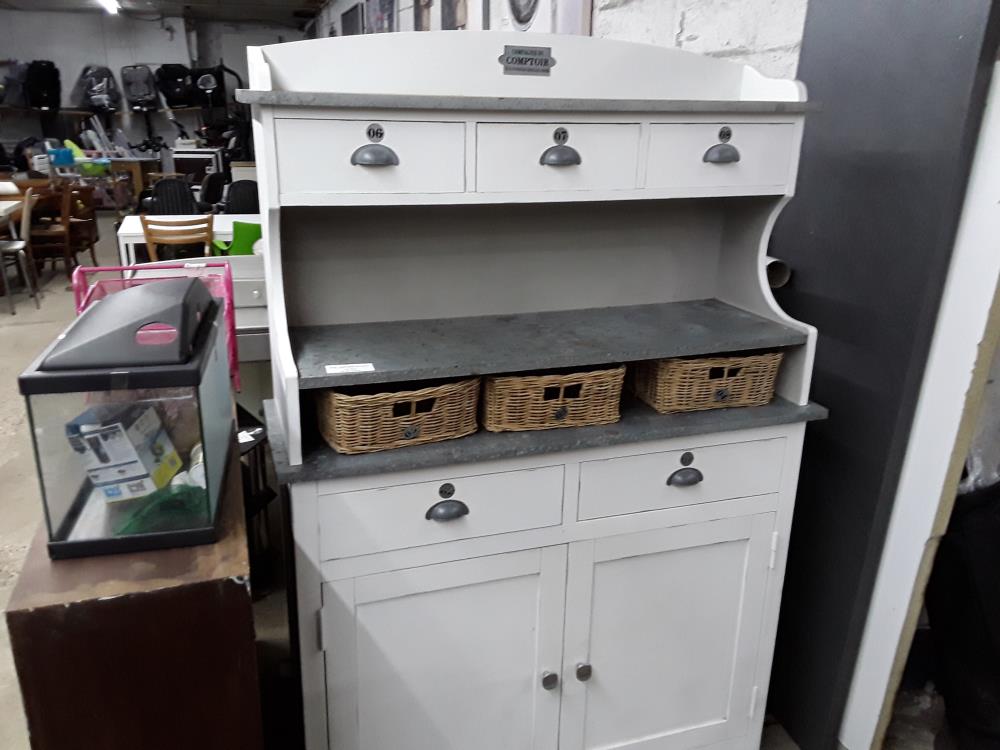 BUFFET VAISSELLIER BLANC 5T 2P +3 TIROIRS  OSIER TACHES SUR PLATEAU METAL