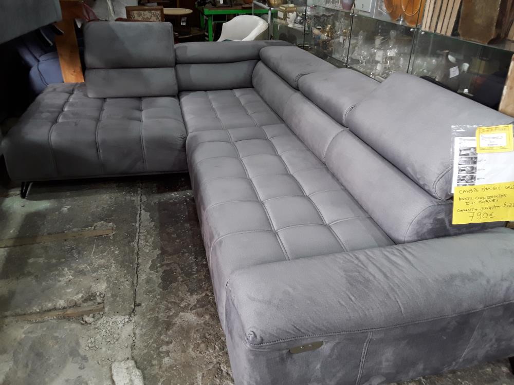 CANAPE D ANGLE MERIDIENNE TISSU GRIS CAPITONNE ASSISE COULISSANTE ELECT