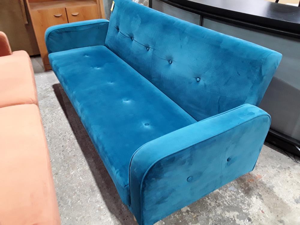 CANAPE CONVERTIBLE VELOURS BLEU CAPITONNE TYPE CLIC CLAC 