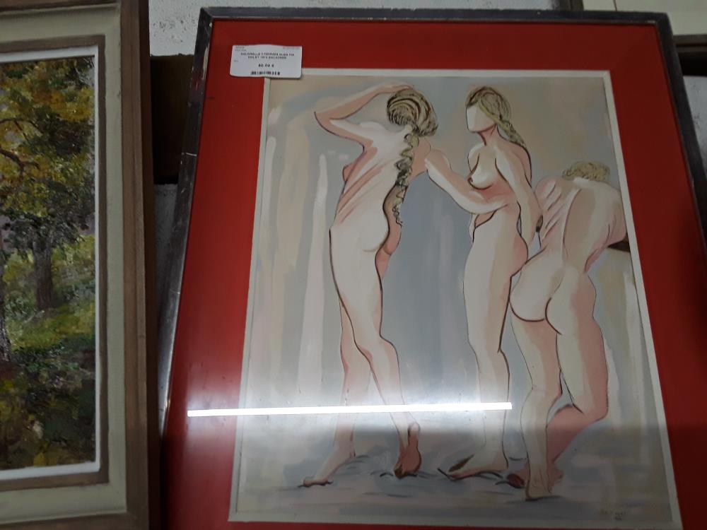 AQUARELLE 3 FEMMES NUES PIA MALET 1973 ENCADREE