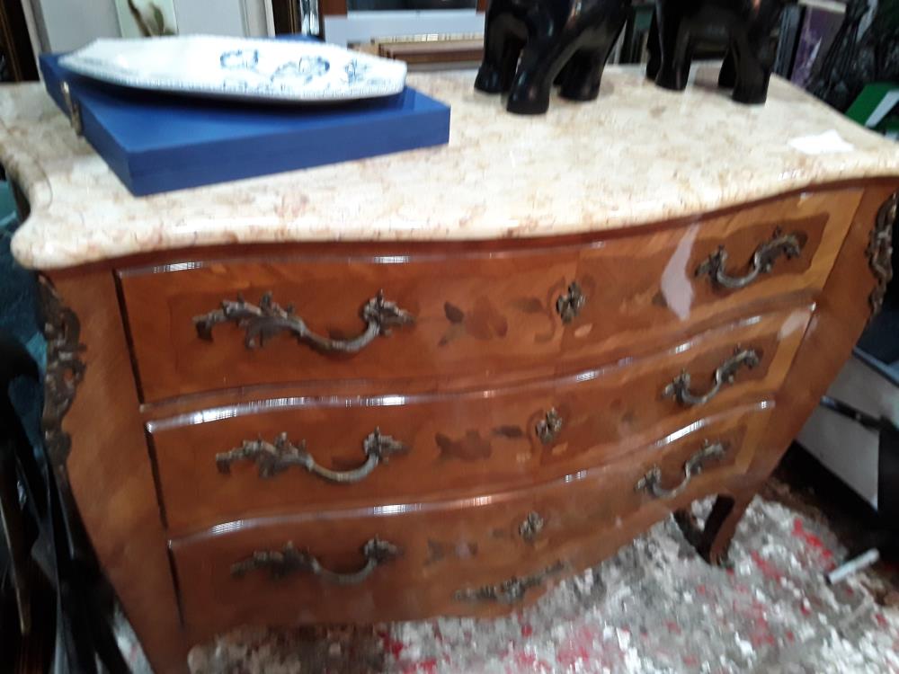 COMMODE 3T  DE STYLE REG MARQUETERIE LEGER DEFAUTS MARBRE BEIGE