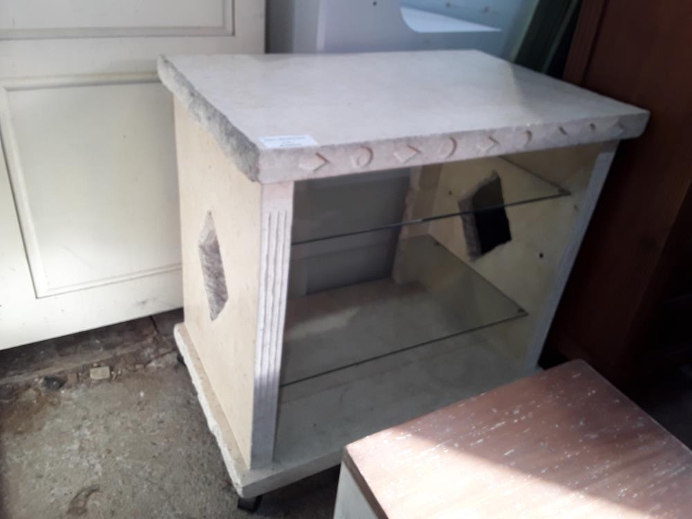 MEUBLE TV DECO PIERRE BEIGE 2 PLATEAUX VERRE SUR ROULETTES