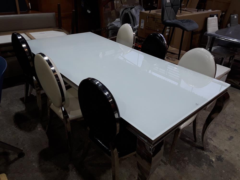 TABLE 1X2M PIED ALU CHROM PLATEAU VERRE BLANC DEFAUT + 6 CHAISES N/B TRACES STYLOS