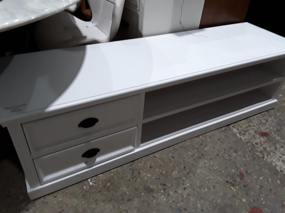 MEUBLE TV BLANC 2T 2 NICHES BOIS 158/45CM PETIT DEFAUT PLATEAU