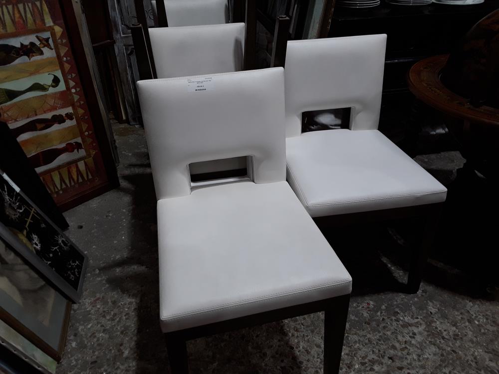 SERIE DE 6 CHAISES CUIR BLANC PIED BOIS GRIS