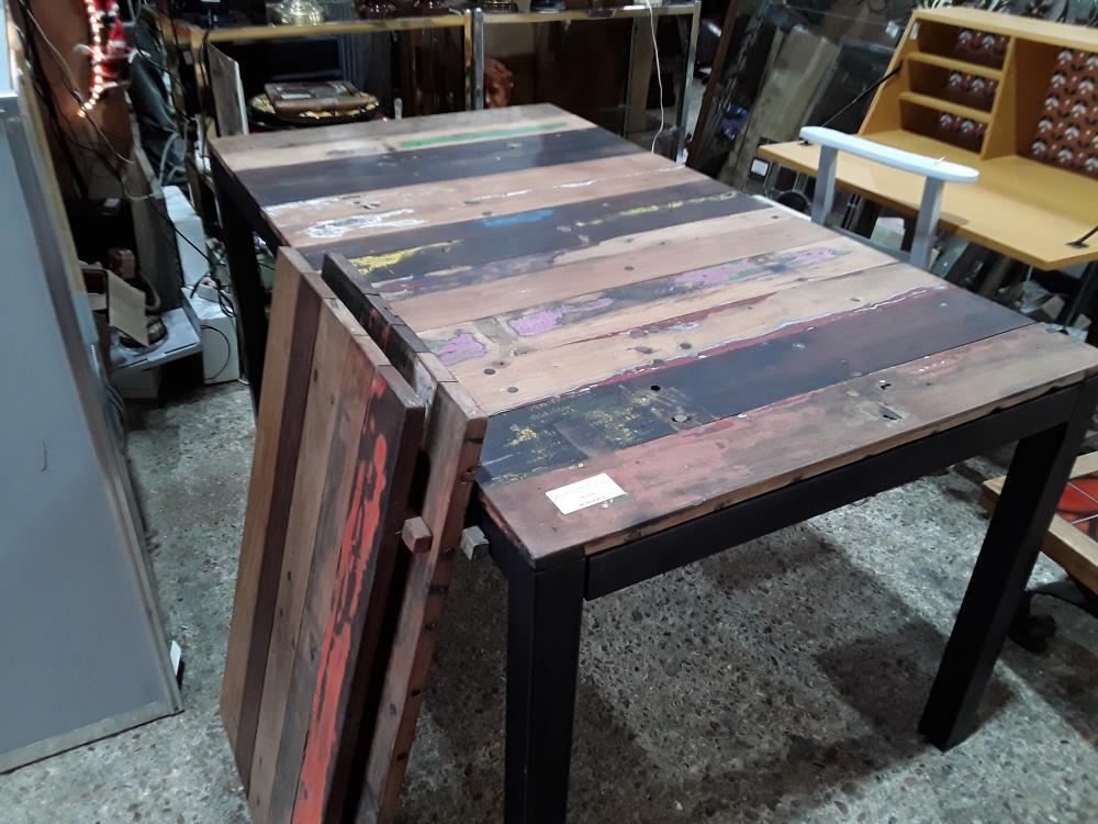 TABLE 160X90 PLATEAU BOIS LATTES BRUTES  COLOREES + 2 ALL 50CM PIED FER NOIR